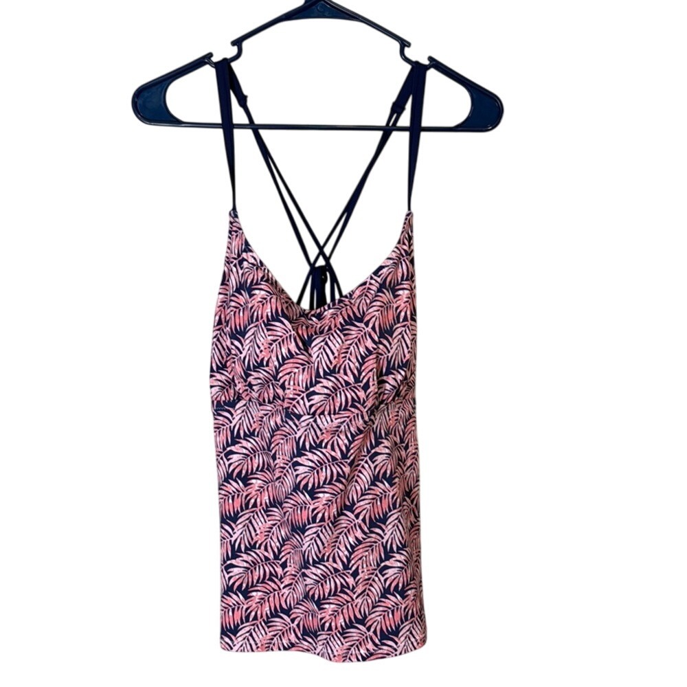 Leilani Swimsuit Top Womens Size 16 Pink Navy Blue Palm‎ Leaf Sleeveless